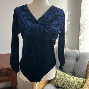 Modcloth blue black velvet crossover top bodysuit M